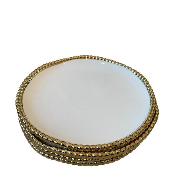 LA PINETINA Ceramic Appetizer Plates 8.5in Set of 4 White Gold Beaded Rim NEW - Picture 2 of 9